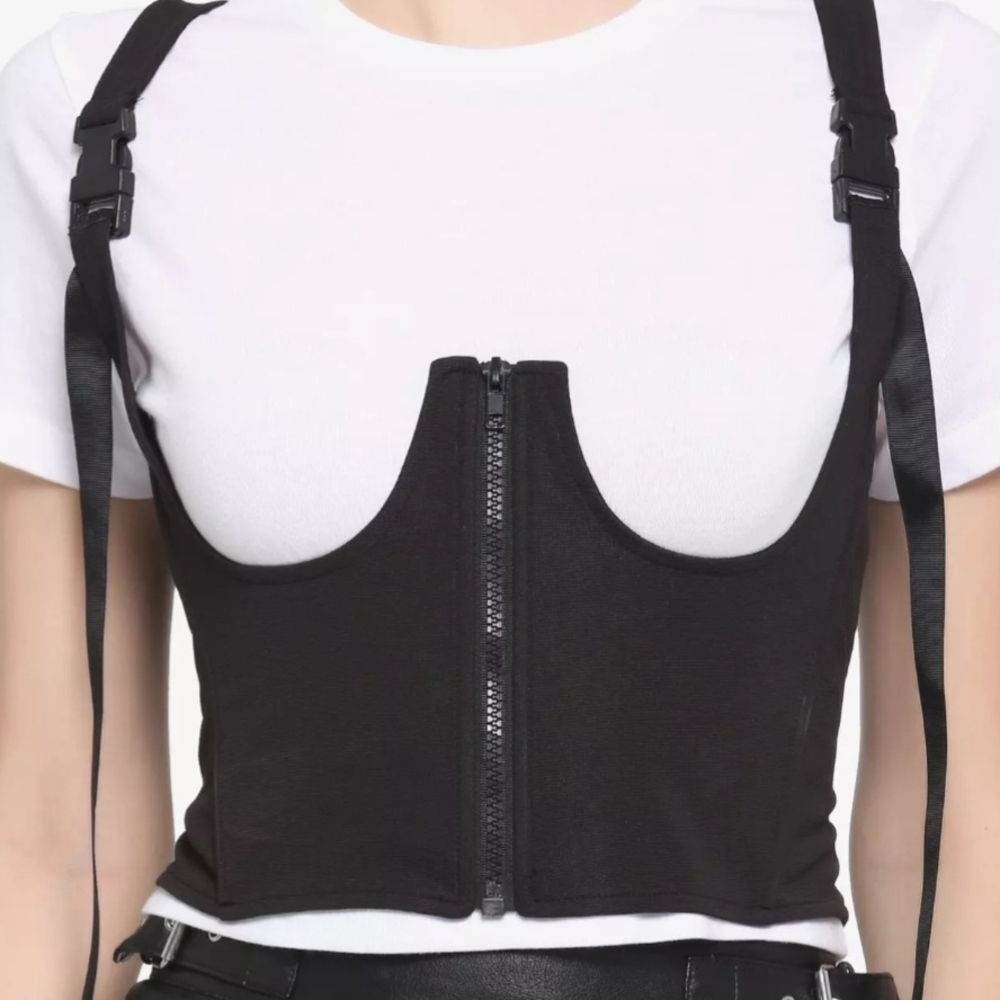 Black Underbust Corset Crop T-Shirt With Zipper Front And Adjustable Straps Xl